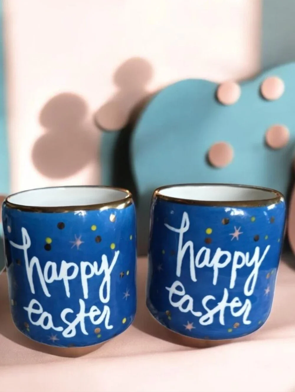 HAPPY EASTER POTS/MUGS Glazed Gold Rim with Easter Sentiments